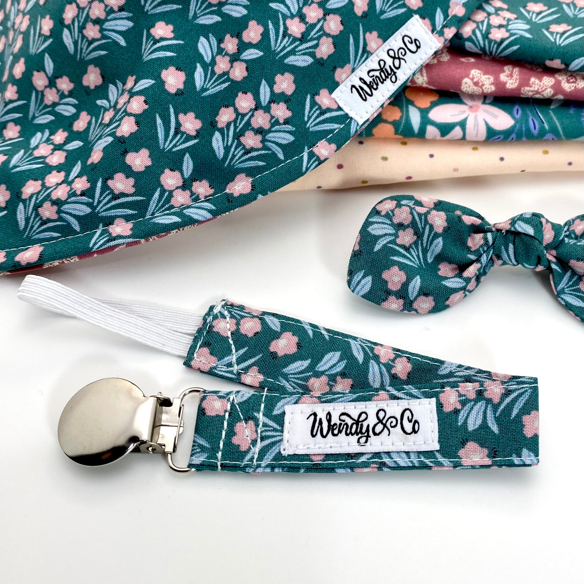 Floral print, pacifier clip.