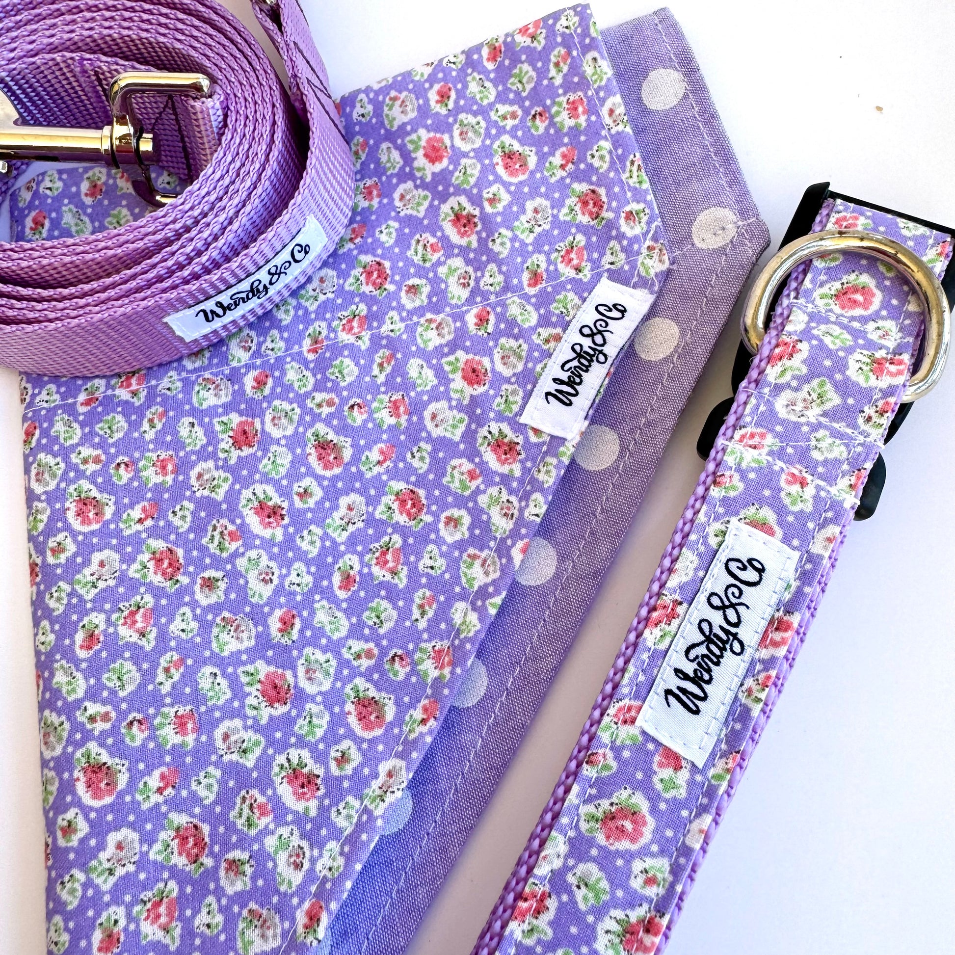 Handmade walking dog set in lilac floral.