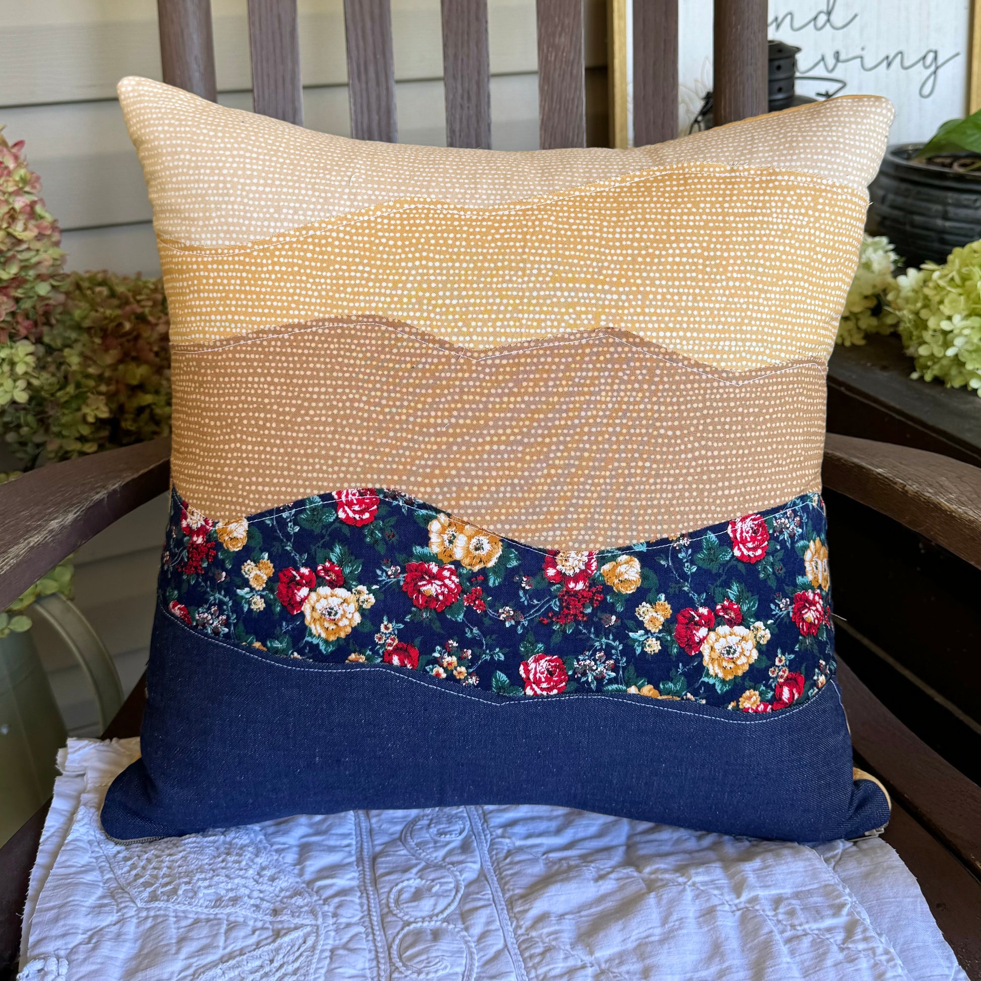 Buttercup sunset pillow made from vintage quilts.