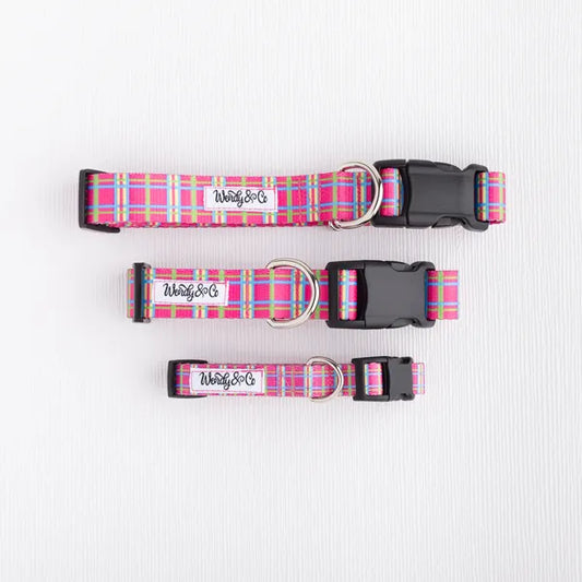 Dog collar in extra small to large in Bubblegum Pink Plaid.