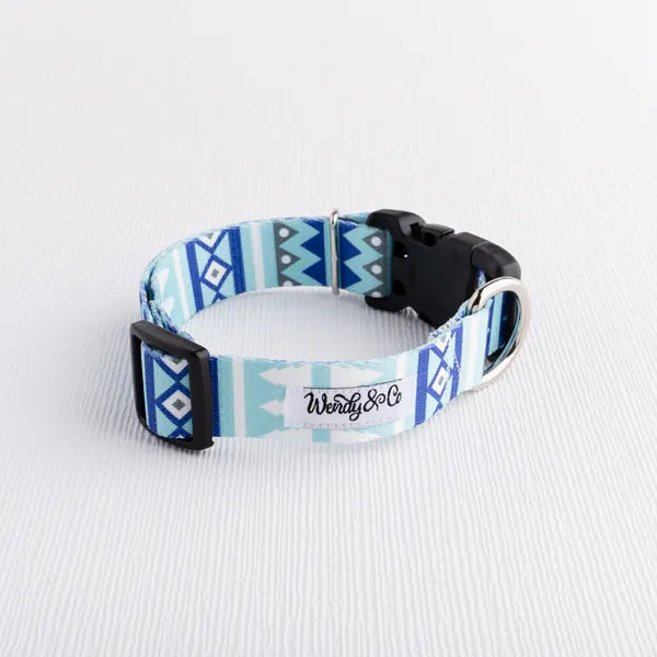 Waterproof dog collar blue geometric western theme print.
