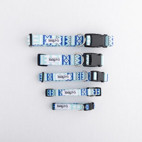 Cobalt blue geometric dog collars from extra small to extra large.