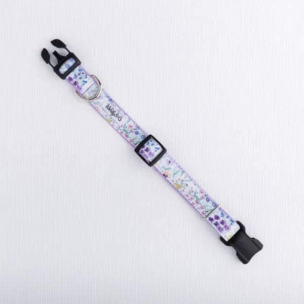 Close-up of Butterfly Garden floral dog collar – purple, lilac handmade.