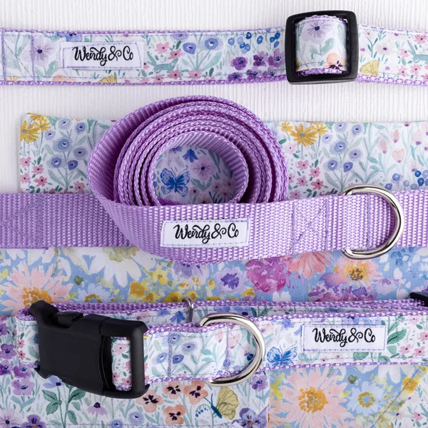 Close up of Lilac leash and Butterfly Garden collection for pets.