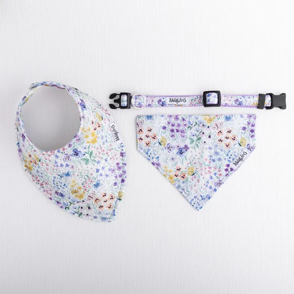 Matching baby and pet outfits- bandana and bib in Butterfly Garden floral gift.