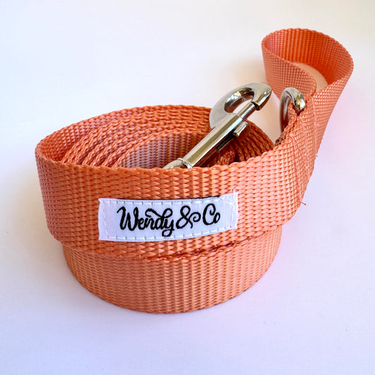 Solid color peach coral dog leash, very durable.