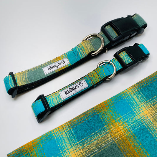 Beautiful teal and harvest plaid flannel dog collar.