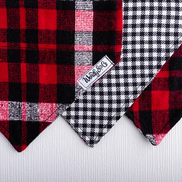 Close up of Winter Plaid dog bandana- reversible.