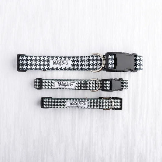 Black and white houndstooth dog collar in extra small to large.