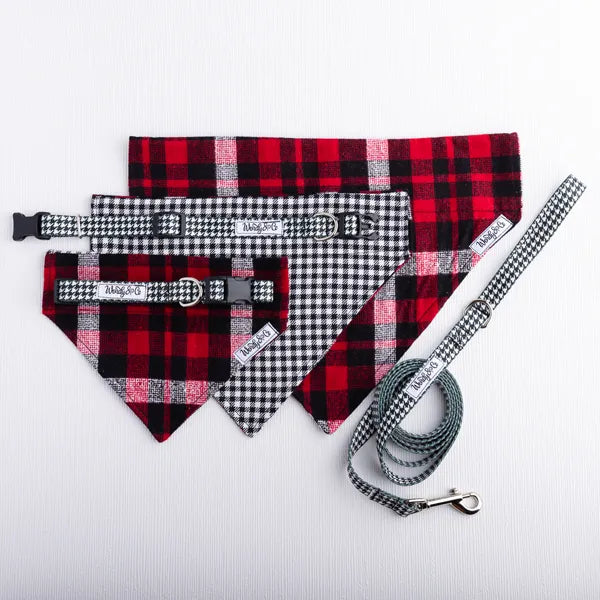 Handmade dog collection in black and white check dog bandana, collar and leash.