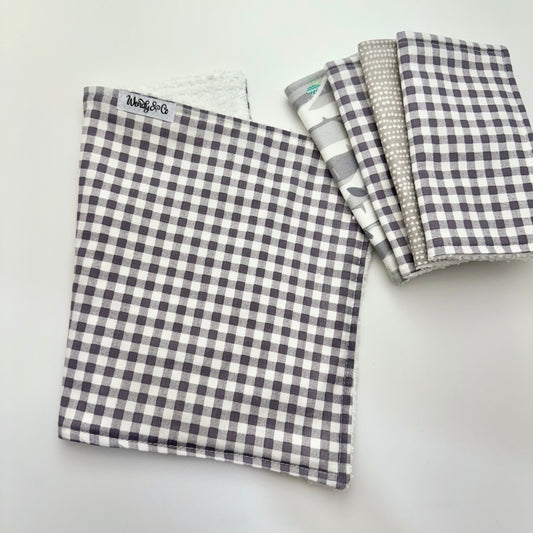 Classic gray gingham absorbent burp cloth.