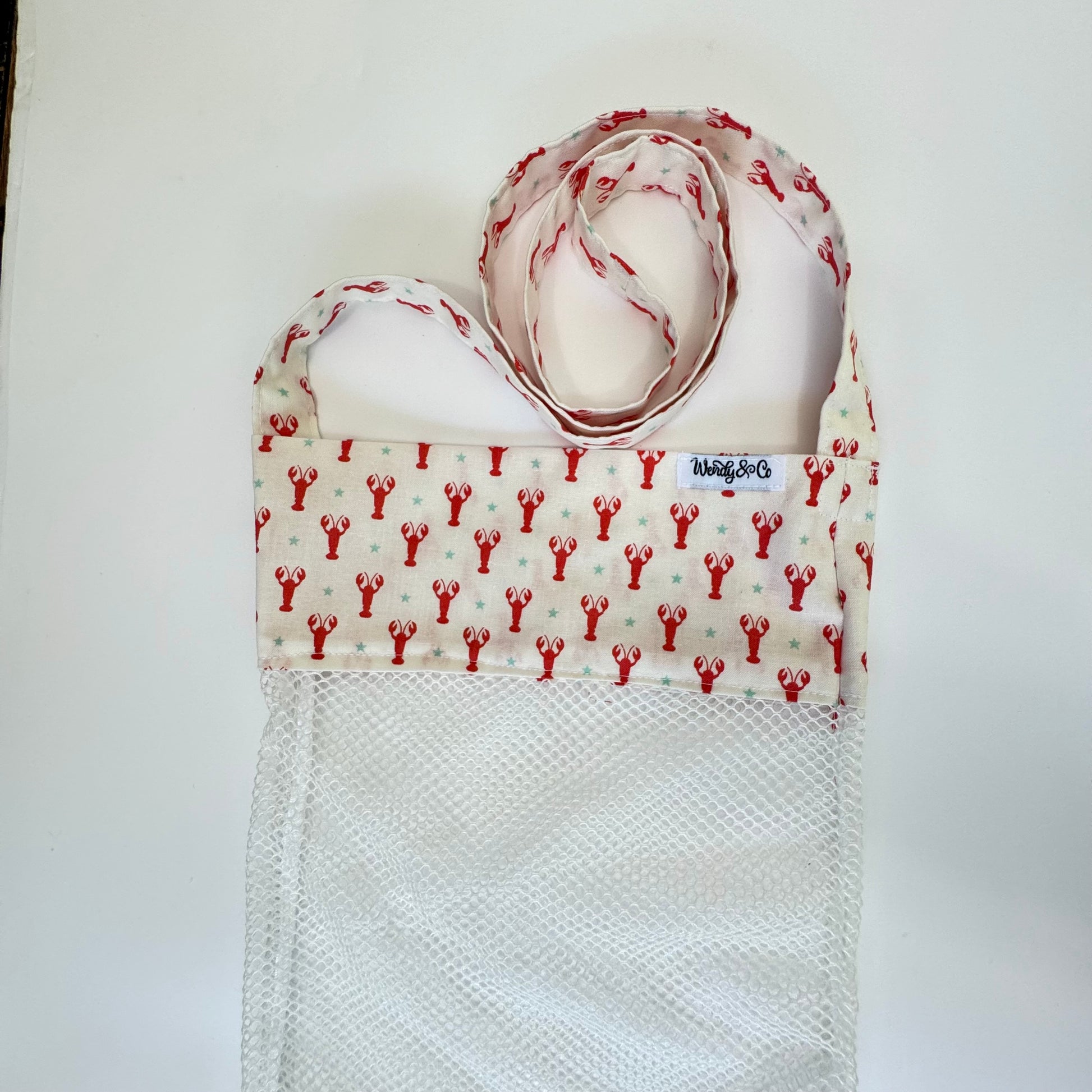 Handmade, seashell bag, white with red lobsters.