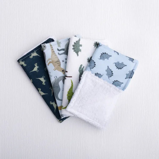 Set of 4 handmade washing cloths in dinosaur prints.