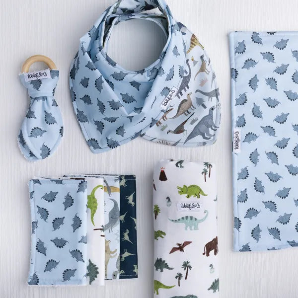 Full Dinosaur Dream collection with bib, burp cloth, teether, washcloth, hairbow, and dog bandana in blue dino print.