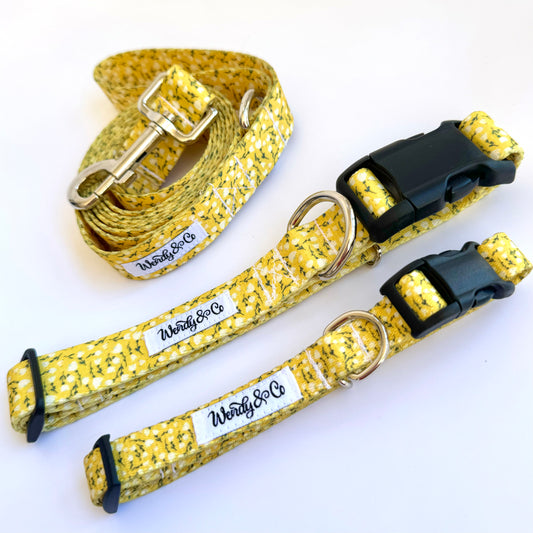 Cherie yellow floral dog collar in medium and large with matching leash.