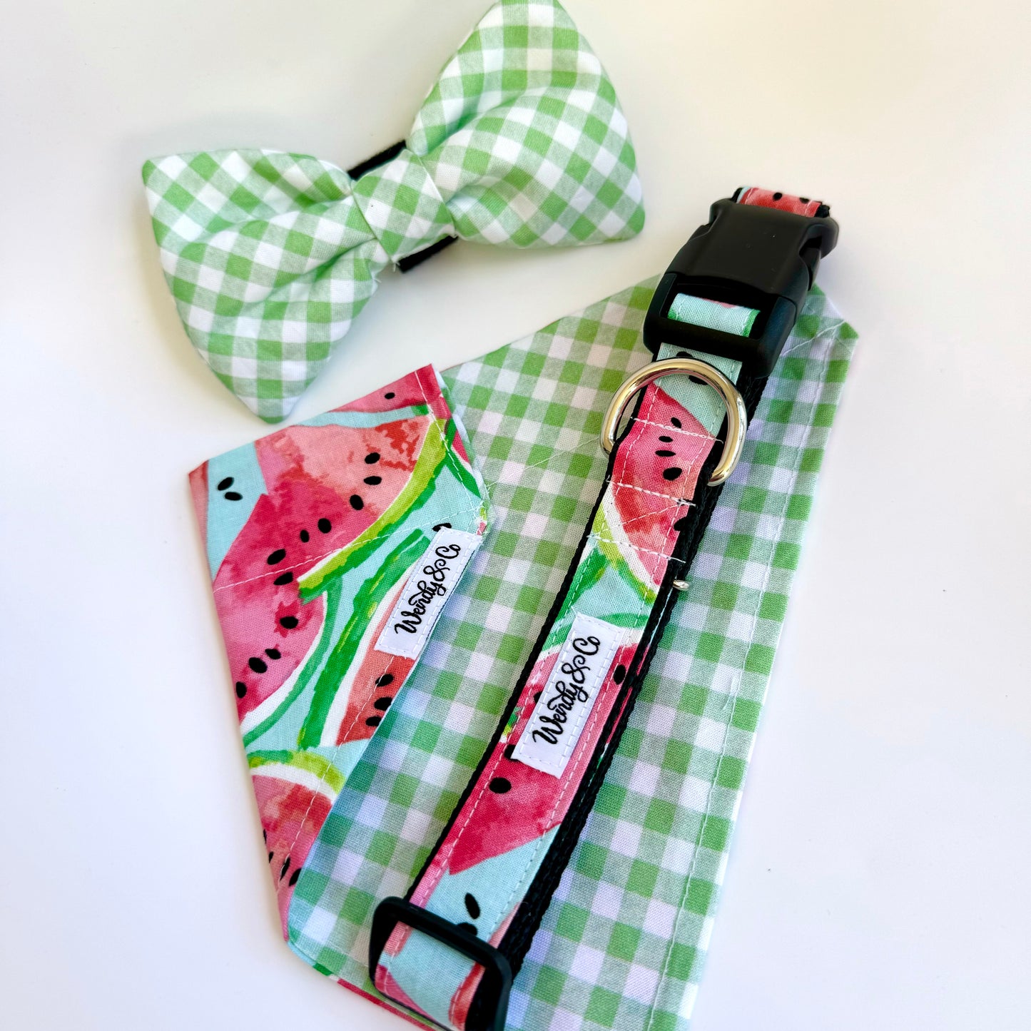 Kiwi gingham bow tie with watermelon dog collar and bandana.