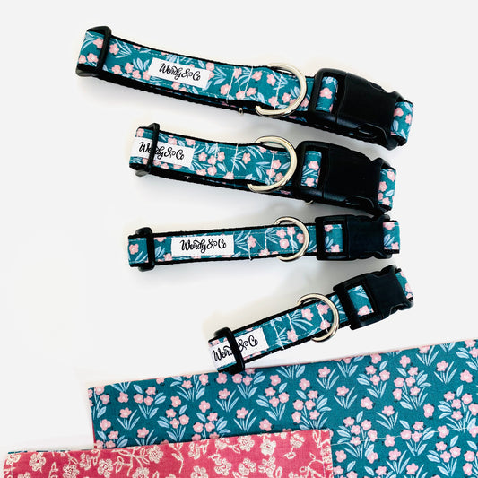 Blue and pink floral dog collar for small to large dogs.