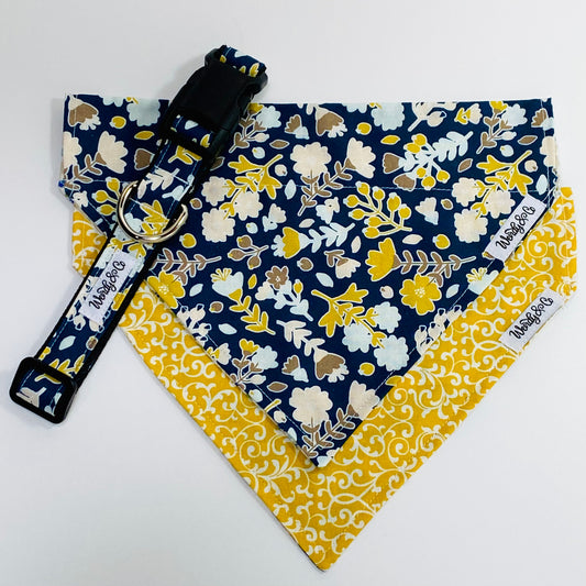 Fall dog bandana and collar set in navy floral.