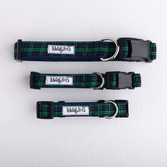 Navy and green plaid dog collars.