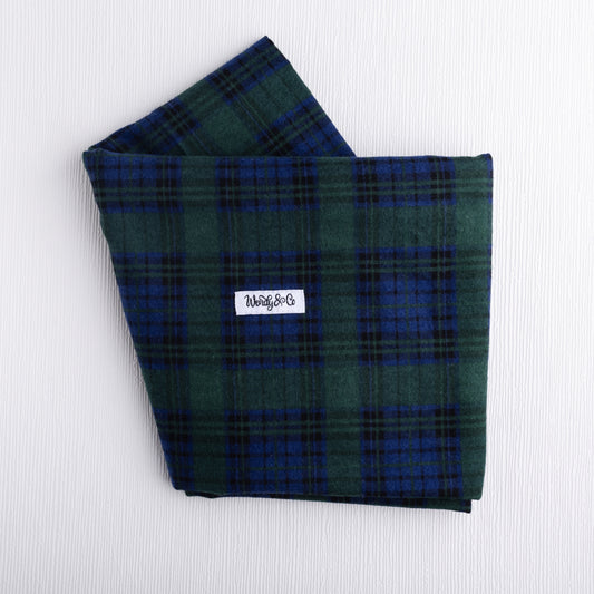 Green and navy plaid flannel baby blanket.