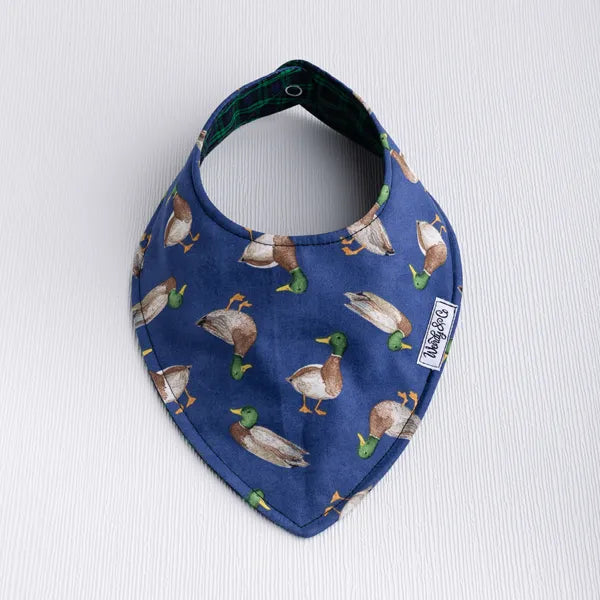 Smooth front baby bib, reversible with mallard print.