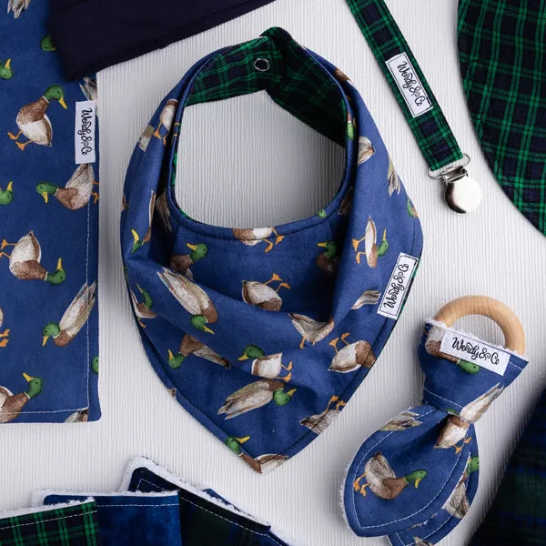 Mallard baby set- handmade with bib, teether and burp cloth.