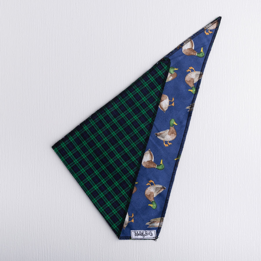 Mallard and check print dog bandana, tie on.