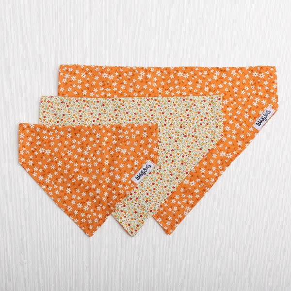 Three triangular pet bandanas in orange and cream floral prints, arranged overlapping on a light gray textured background. Each bandana has a small white sewn-in label with the brand name 'Wendy & Co'.
