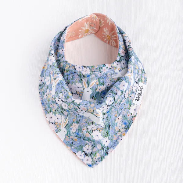 Baby bib with bunny and floral print from Petal & Hare collection.