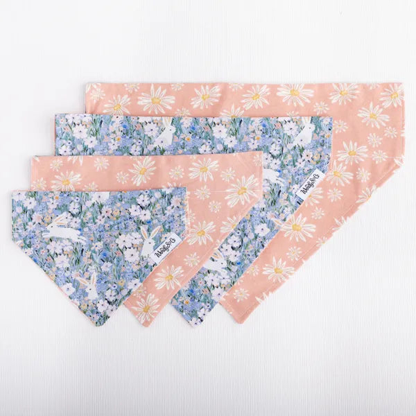 Reversible over the collar dog bandana in floral blues and pinks.