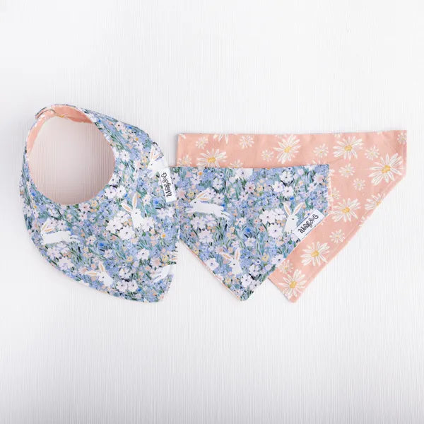 Matching baby and pet collar and bandana in floral and bunny print.