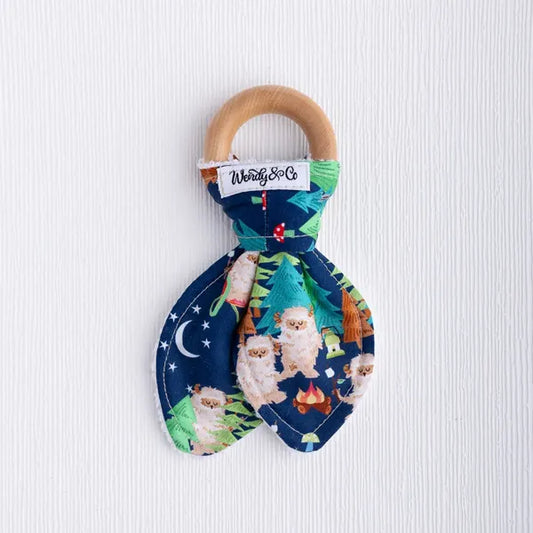 Baby teether with forest and Sasquatch fabric from Under the Stars collection.