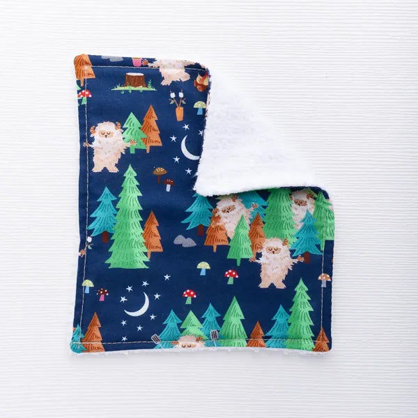 Thick reusable baby washing cloth in sasquatch fabric.