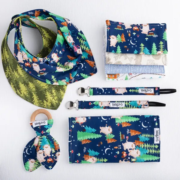 Baby and pet collection featuring forest and Bigfoot-themed accessories from Under the Stars set.