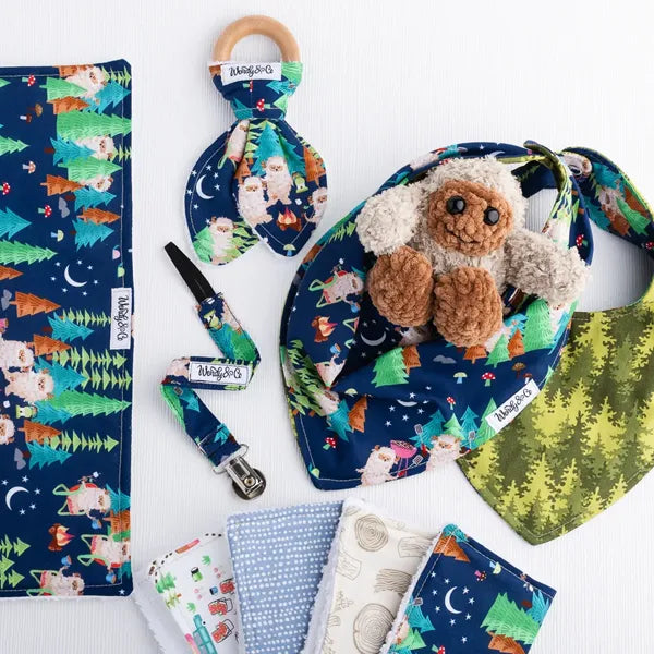 Under the Stars baby gift set with crochet stuffed sasquatch, teether, bibs and more.