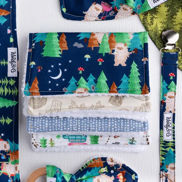 Thick baby washing cloths set in sasquatch outdoor theme.