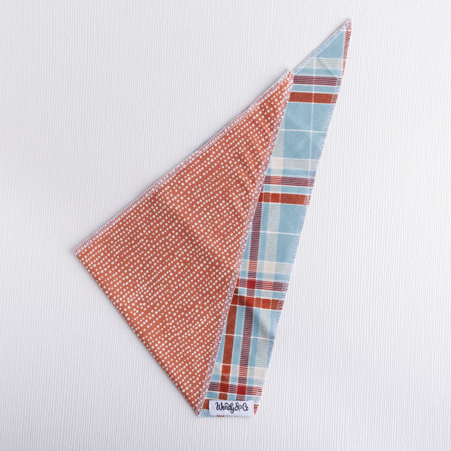 Tie on dog bandana in smoky blue plaid.