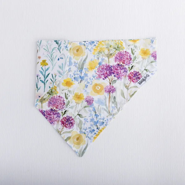 Reversible dog bandana in spring floral print- slides over the collar.