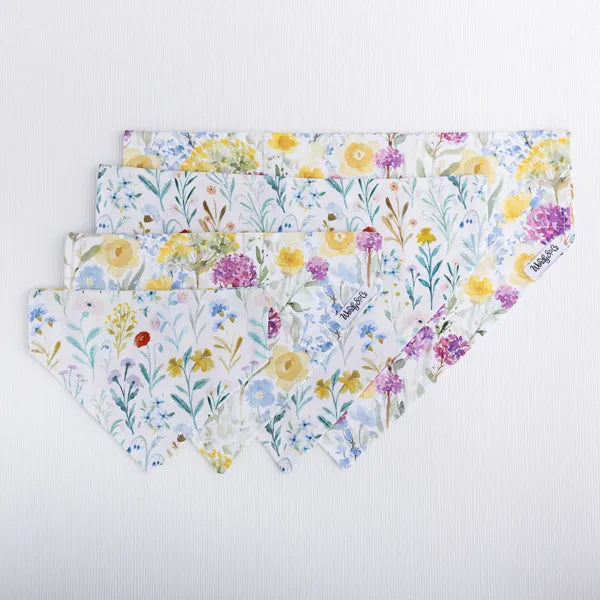 Reversible dog bandana with yellow floral print from Buttercup collection.