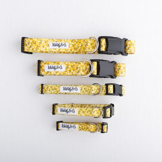 Buttercup dog collar with soft yellow flower design in extra small to extra large.
