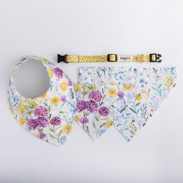 Baby and dog wearing matching Buttercup collection accessories in yellow floral print.