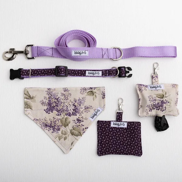 A pet accessory set laid out on a white textured background, including a lavender dog leash, a patterned dog collar, a floral bandana, and floral poop bag dispenser. 