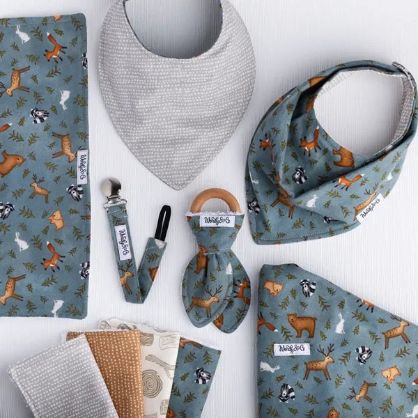 Nature-inspired baby gift set in woodland fabric from the Whispering Woods collection.