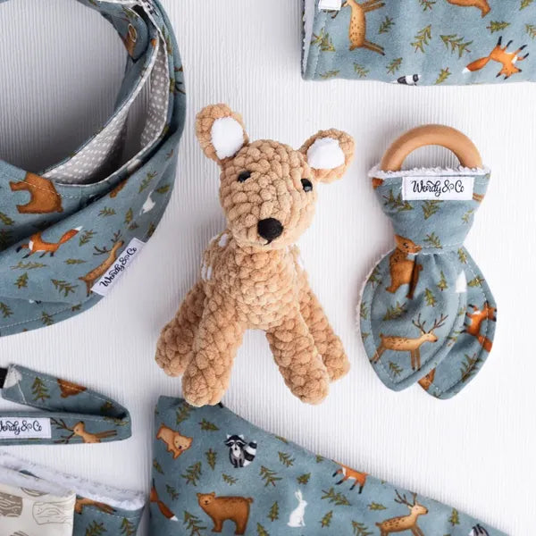 Woodland theme baby gift set with handmade crochet deer.