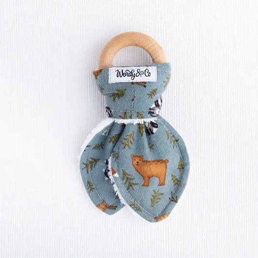 Wooden teether with forest print fabric from Whispering Woods collection.