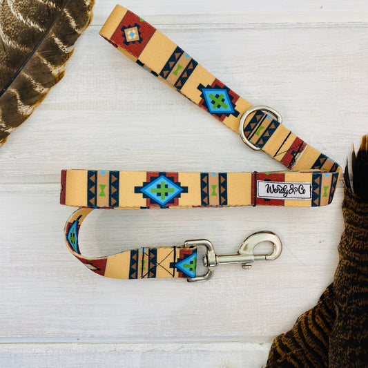 Boho tribal print leash in rust, brown, blue and black.