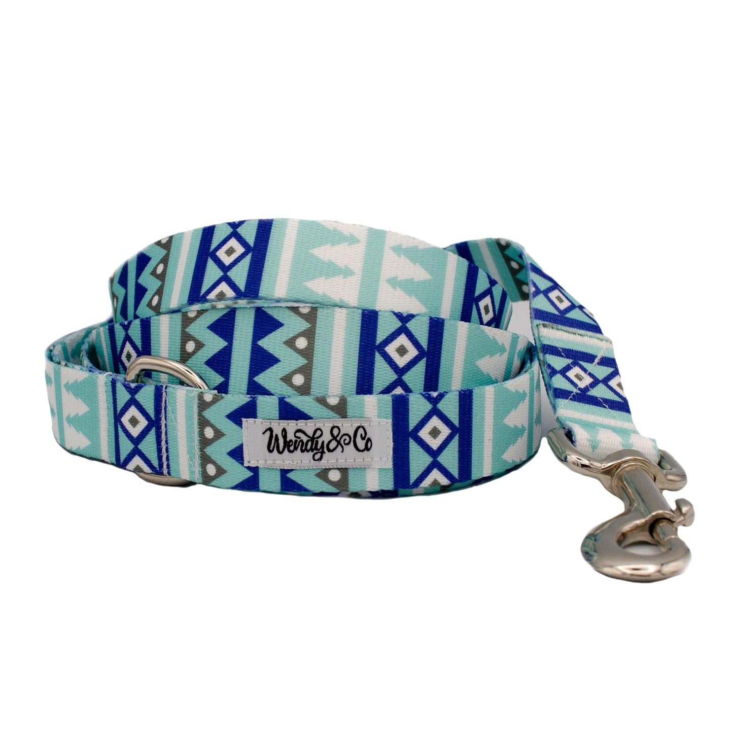 Pet leash in blues an white native design.