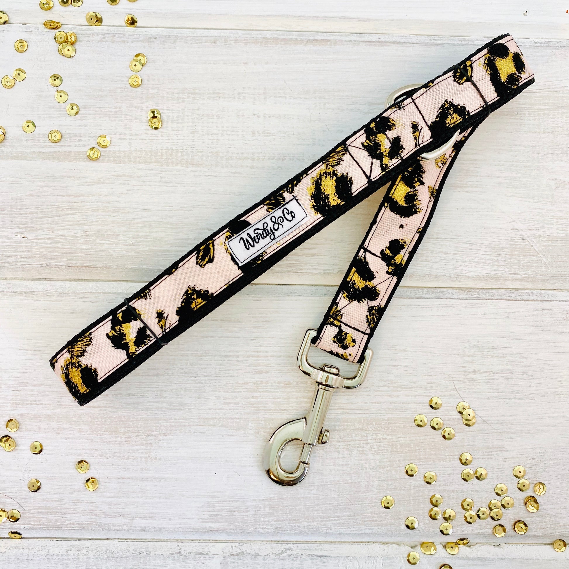 Blush pink cheetah animal print fabric with black and gold accents pet leash, 6' dog leash handmade.