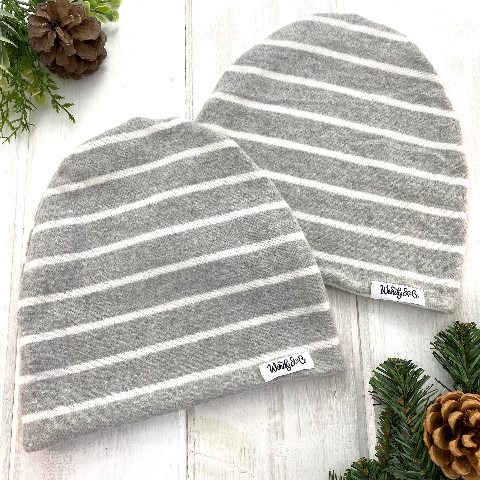 Gray and white beanie for winter.