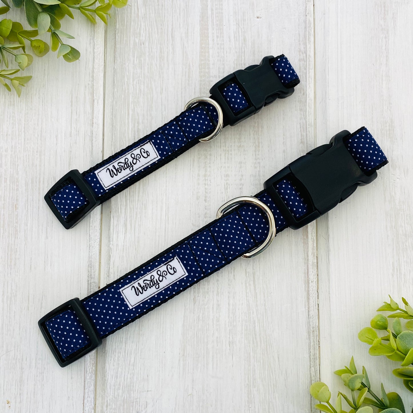 Classic navy with tiny white dot dog collar, small and large.